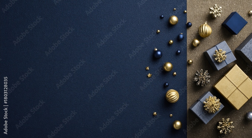 Fototapeta premium Festive dark blue and gold Christmas ornament arrangement, with gift boxes and snowflake decor
