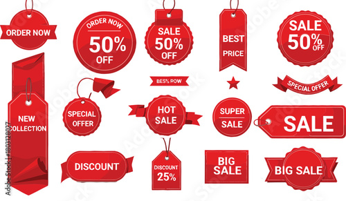 Collection of Red Sale Discount and Offer Tags and Labels vector