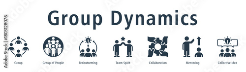 Group Dynamics web banner icon vector illustration concept with icon of group, group of people, brainstorming, team spirit, collaboration, mentoring, and collective idea.