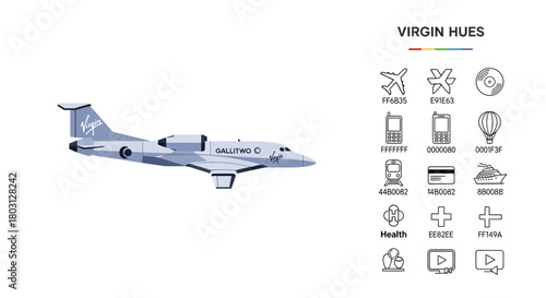 Virgin Hues: Airplane illustration with travel icons and brand color palette concept