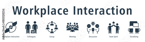 Workplace Interaction web banner icon vector illustration concept with icon of workplace interaction, colleagues, group, meeting, discussion, team spirit, and socializing.