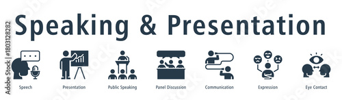 Speaking & Presentation web banner icon vector illustration concept with icon of speech, presentation, public speaking, panel discussion, communication, expression, and eye contact.