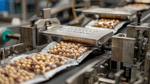 Wallpaper Mural A close-up view of a production line packaging hazelnuts in transparent bags, showcasing automated machinery and processed food items. Torontodigital.ca