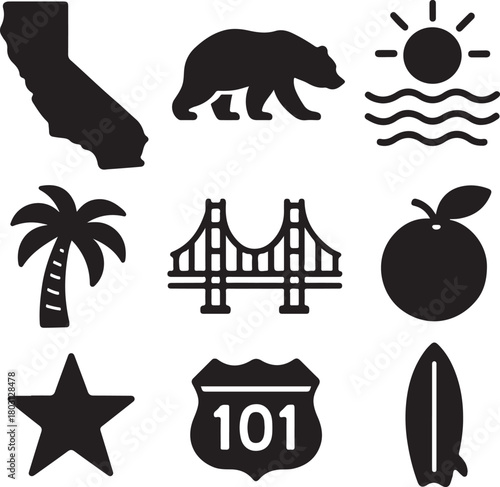California iconic elements collection with state map, grizzly bear, golden gate bridge, palm tree, sun, waves, and surfing symbols. isolated on white background, Vector, illustration