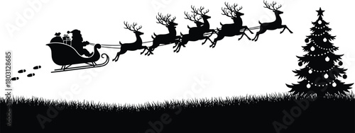 Silhouette of Santa Claus in a sleigh pulled by reindeer flying past a decorated Christmas tree