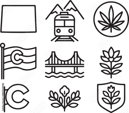 Colorado state symbols vector collection: state map, flag, mountain train, cannabis leaf, columbine flower, and bridge outline icons set. isolated on white background, Vector, illustration