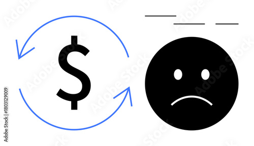 Black dollar sign enclosed by blue circular arrows next to a sad face with stress lines above it. Ideal for finance, economic downturn, stress, bankruptcy, recession, loss, budget. Simple flat