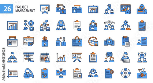 Project Management Icons Set, Demonstrating Planning, Execution, and Monitoring of Business