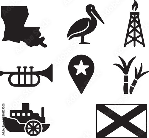 Louisiana state symbols and iconic elements vector illustration set: map, pelican, oil rig, trumpet, flag, sugarcane, steamboat, location marker. isolated on white background, Vector, illustration