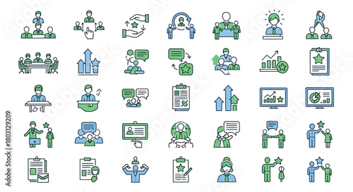 Collection of vector illustrations representing business management and human resources concepts