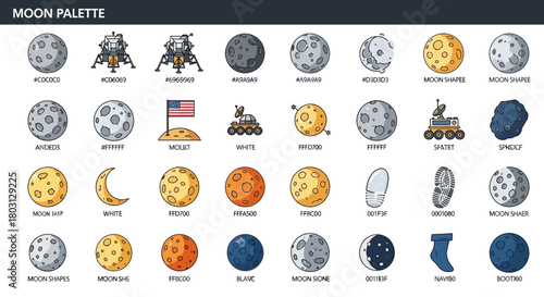 Detailed illustration of various moon phases and space exploration elements palette
