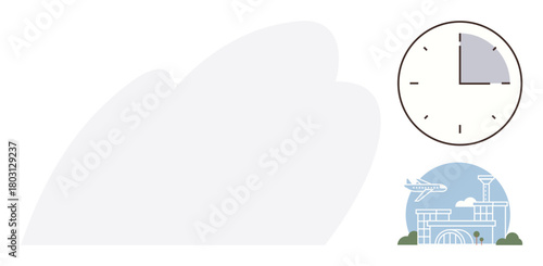 Airplane flying above an airport, accompanied by a clock showing time. Ideal for travel, transportation, planning, punctuality, logistics, aviation and time management. Simple flat metaphor