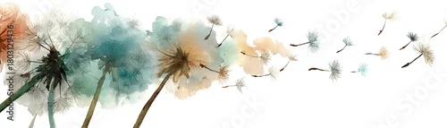 Panel kuchenny z motywem A colorful watercolor illustration of dandelions blowing in the wind, creating a serene and whimsical atmosphere.