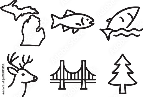 Outline icons representing michigan's natural beauty and iconic landmarks including the state map, fish, deer, mackinac bridge, and pine tree. isolated on white background, Vector, illustration