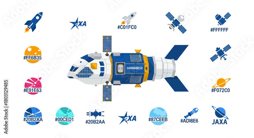 Illustration showcasing space exploration elements including spacecraft and satellites