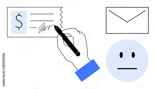 Hand signing a check with a pen, envelope nearby, neutral face icon. Ideal for finance, payments, transactions, agreements, communication budgeting contract signing. Simple flat metaphor