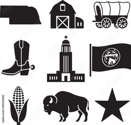 Nebraska icons collection featuring state map, capitol building, flag, covered wagon, cowboy boot, corn, bison, barn, and star isolated on white background, Vector, illustration