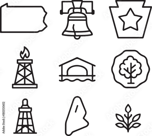 Pennsylvania state symbols and landmarks icon set: featuring liberty bell, keystone, covered bridge, oil derrick, and natural elements. isolated on white background, Vector, illustration