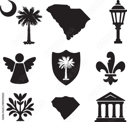 South carolina vector silhouettes featuring state map, palmetto tree, crescent moon, historic buildings, and diverse cultural emblems on white. isolated on white background, Vector, illustration