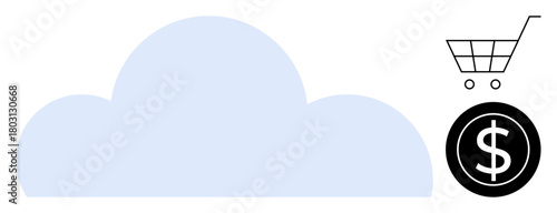 Blue cloud with shopping cart and dollar coin represents e-commerce, digital marketplace, cloud computing. Ideal for online shopping, transaction, economy, technology, innovation, business strategy