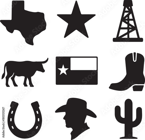 Texas cultural icons collage featuring state map, lone star, oil rig, longhorn, flag, cowboy boot, horseshoe, cowboy, and cactus. isolated on white background, Vector, illustration