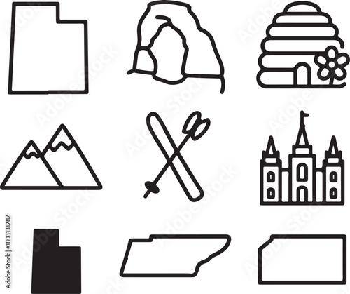 Utah state symbols and landmarks icon set: featuring map outline, delicate arch, beehive, mountains, skis, and salt lake temple isolated on white background, Vector, illustration