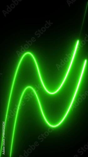 Glowing green neon wavy lines animation. Abstract vertical laser background. Seamless motion loop for social media