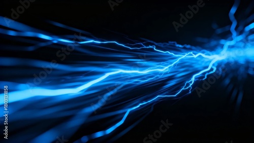 Blue electric lightning bolts streaking across a dark background