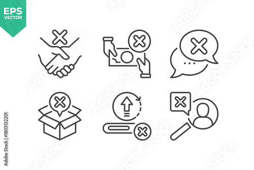 Set Of Rejection Line Icons. Contains such icons as Cross Shape, Rejection, Failure, Cancel, Privacy, Alertness, Delete Key, Forbidden, and more.