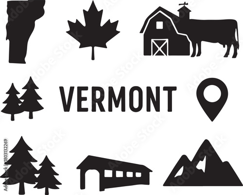 Bild auf Leinwand Vermont state map, maple leaf, farm barn with a cow, pine trees, covered bridge,