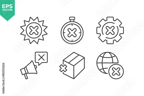 Set Of Rejection Line Icons. Contains such icons as Cross Shape, Rejection, Failure, Cancel, Privacy, Alertness, Delete Key, Forbidden, and more.
