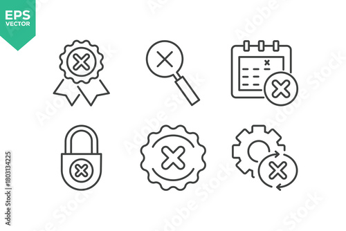 Set Of Rejection Line Icons. Contains such icons as Cross Shape, Rejection, Failure, Cancel, Privacy, Alertness, Delete Key, Forbidden, and more.