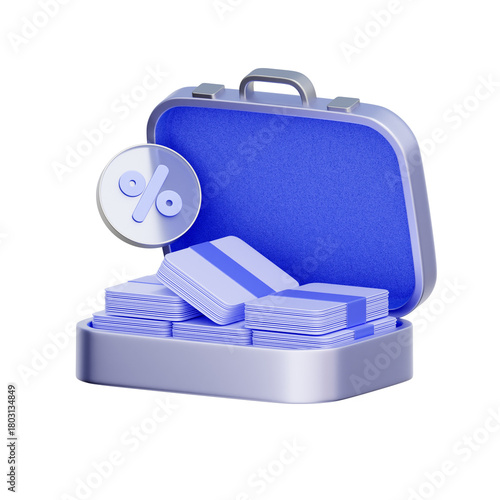 3D icon of an open briefcase with cash and a percentage symbol For personal cash loans, unsecured loan interest rates (APR), and accessing fast cash funds.