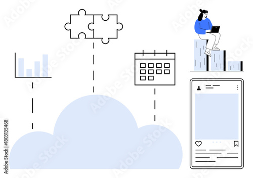 Cloud links bar chart, calendar, puzzle pieces, mobile screen, individual using laptop. Ideal for teamwork, connectivity, technology integration digital planning remote work data sharing. Simple