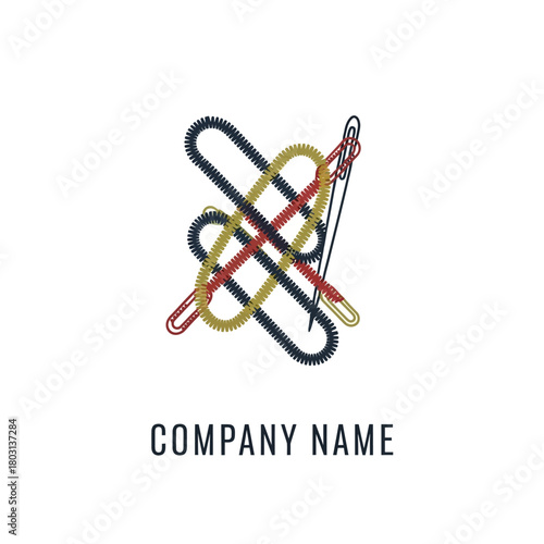 Abstract Logo Design with Intertwined Threads and Needle.