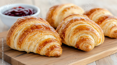 Wallpaper Mural Buttery croissant on wooden board with jam and butter, golden flaky pastry Torontodigital.ca