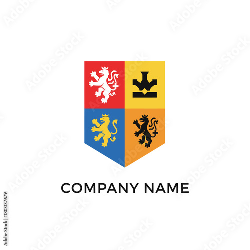 Heraldic Shield with Four Quadrants and Mythical Creatures.