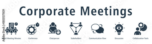 Corporate meetings web banner icon vector illustration concept with icon of board meeting minutes, chairperson, stakeholders, communication flow, discussion, conference, and collaboration tools.