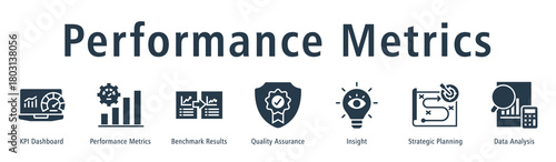 Performance metrics web banner icon vector illustration concept with icon of KPI dashboard, performance metrics, benchmark results, quality assurance, insight, strategic planning, and data analysis.