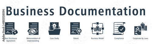 Business documentation web banner icon vector illustration concept with icon of non disclosure agreement, memorandum of understanding, case study, patent, business model, and compliance.