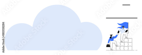 Cloud element with two people building steps using blocks one helps the other climb higher. Ideal for teamwork, leadership, growth, support, technology, mentorship, innovation. Offers a simple flat
