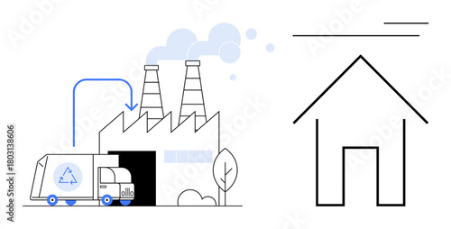 Recycling truck unloading at industrial factory with chimneys emitting smoke minimalist home outline nearby. Ideal for sustainability, waste processing, eco-friendly practices, pollution, recycling