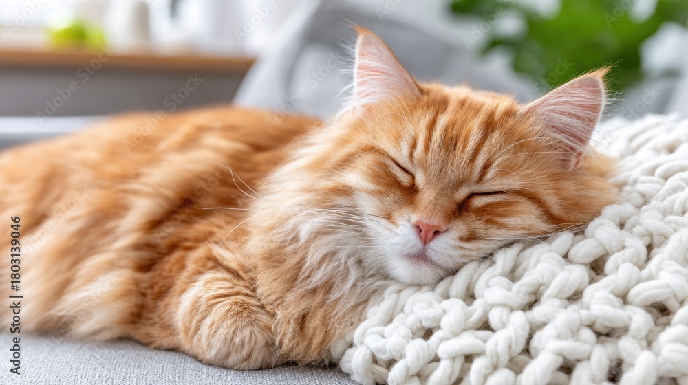 Fototapeta premium Sleepy ginger cat resting on chunky knitted blanket. Peaceful and cozy moment