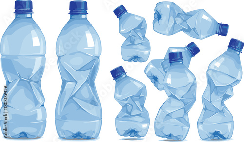 collection of crushed plastic bottles and recycled waste containers showing realistic deformation shapes for environmental pollution and recycling concept vector illustrations