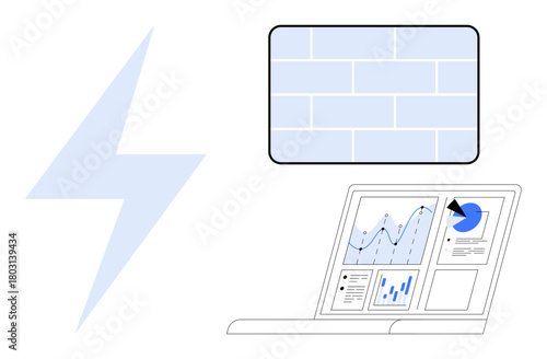 Laptop with analytics-dashboard visuals, lightning bolt, and brick wall elements. Ideal for data analysis, energy, innovation, security, technology stats monitoring and business strategy. Simple