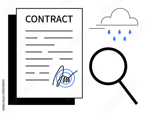 Signed contract inspected with magnifying glass alongside rain cloud and drops, hinting at risks or challenges. Ideal for legal precaution, business ethics, risk management, due diligence