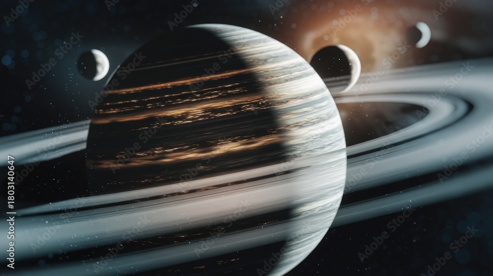 Obraz premium A vast cosmic scene shows a large planet with prominent rings surrounded by several smaller planets. The background is filled with stars, creating a stunning view of the universe.