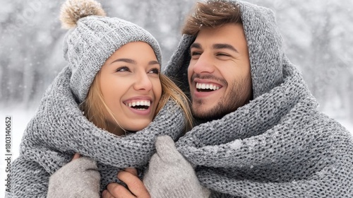 Cheerful couple wrapped in thick knitted scarf outdoors. Snowy background and soft light highlight warm emotions in winter weather