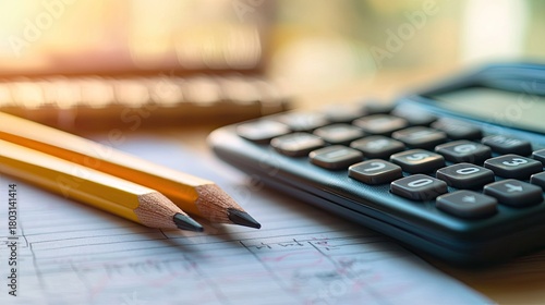 Close-up of Calculator, Pencils, and Financial Documents on Desk
