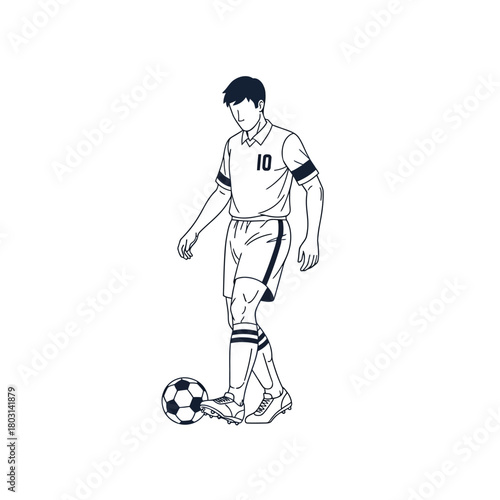 A minimalist line drawing of a soccer player in uniform with the number 10 on his jersey, dribbling a soccer ball.